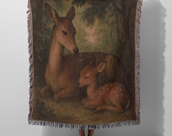 Manta de algodón tejido con diseño de ciervo, tapiz de bosque, decoración rústica para cabaña.