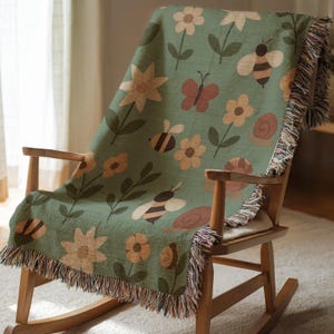 Floral Blanket, Sunflower Honeybee Butterfly Snail Botanical Woven Cotton Quilt, Cottagecore Nature Throw, Whimsical Home Decor Gift Idea