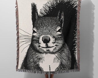 Woven Squirrel Throw Blanket, Natural Beige & Grey, Cozy Cotton Decor