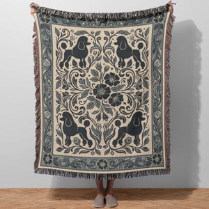 Poodle Woven Blanket - Nordic Folk Art Cotton Throw - Botanical Rose Tapestry - Premium Dog Lover Gift for Home Decor
