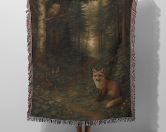 Enchanted Forest Blanket, Woodland Throw, Fox Tapestry Quilt, Owl Woven Cotton Throw, Nature Path Scene Cozy Cottagecore Decor Gift for Her