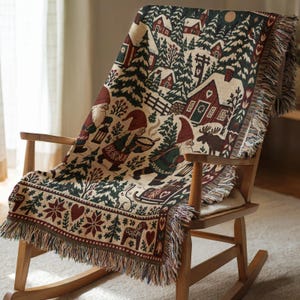 Nordic Tomte Christmas Woven Blanket - Swedish Folk Art Tapestry Throw, Holiday Cabin Gift