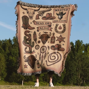 Western Tattoo Blanket, Woven Cowboy Throw, Bull Skull Western Decor, Wild West Gift