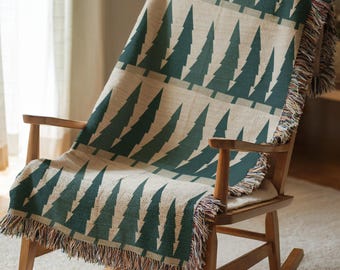 Evergreen Pine Trees Woven Blanket - Nordic Forest Throw - Cozy Heirloom Scandi Hygge Design