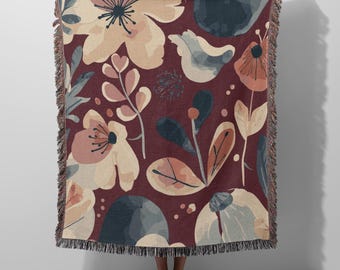 Floral Watercolor Blanket - Premium Nordic Woven Cotton Throw, Burgundy Botanical Art Quilt