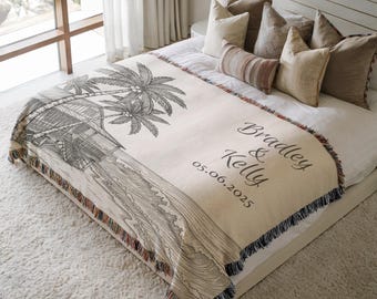 Personalized Cotton Anniversary Throw — Beach Wedding Keepsake Woven Blanket, Custom Couples Names Wedding Gift