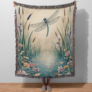Dragonfly Woven Blanket, Floral Garden Pond Throw