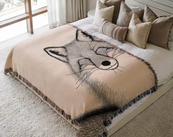 Woven Fox Blanket, Natural Beige & Grey Cotton Throw