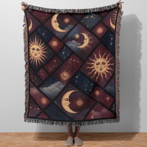 Celestial Patchwork Quilt Blanket, Starry Sky Woven Cotton Throw, Cozy Purple Bedspread Boho Decor Galaxy Bedding Theme Custom Name Gift