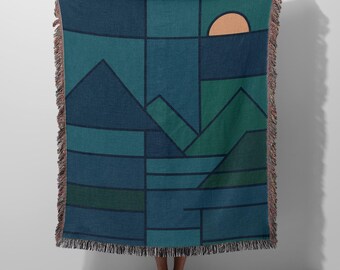 Geometric Mountain Blanket - Nordic Landscape Throw, Mid-Century Modern Art Woven Cotton Quilt