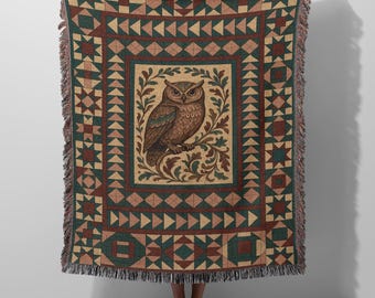 Owl Folk Art Woven Throw Blanket – Rustic Cabin Decor