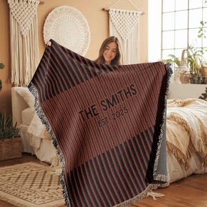Custom Family Name Blanket, Personalized Text Time Throw Quilt, Couples Wedding Anniversary Gift Idea, Lively Home Decor, Established Year