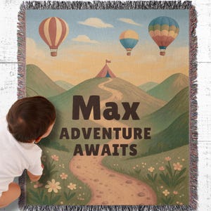 Custom Name Baby Blanket – Personalized Adventure Awaits Hot Air Balloon Nursery Decor & Baby Shower Gift – Fun Toddler Bedding – Green Blue