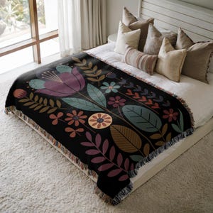 Floral Patterned Throw Blanket, Bohemian Style Bedspread, Cozy Knit Blanket for Home Decor, Colorful Decorative Blanket for Bedroom