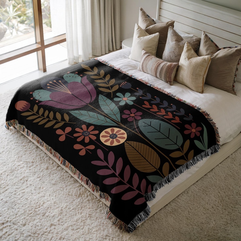 Floral Patterned Throw Blanket, Bohemian Style Bedspread, Cozy Knit Blanket for Home Decor, Colorful Decorative Blanket for Bedroom