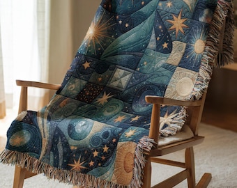Celestial Patchwork Quilt Throw | Starry Sky Woven Cotton Blanket | Cozy Blue Bedspread for Boho Decor | Galaxy Bedding Design Theme Gift