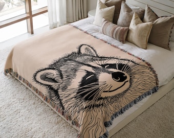 Woven Raccoon Throw Blanket, Nature Inspired Cotton Decor