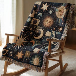 Celestial Woven Cotton Throw Blanket, Boho Astrology Decor