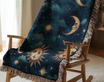 Sun Moon Starry Night Woven Throw Blanket, Celestial Bedding