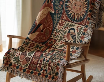 Fox and Sun Patchwork Woven Blanket - Folk Art Quilt Tapestry Throw, Nature Lover Gift