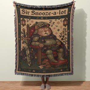 Quirky Medieval Blanket, Funny Sir Snooze a Lot Knight Quilt, Tabby Cat Throw, Cozy Bookish Decor, Cat Lover Gift for Fantasy Book Reader
