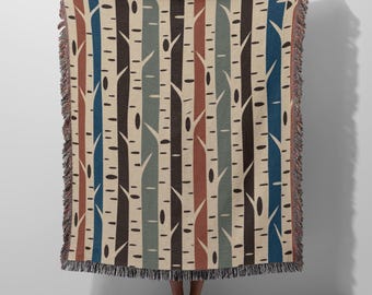 Birch Forest Woven Blanket - Mid Century Modern Scandinavian Throw, Earthy Folk Art Sofa Decor Housewarming Gift