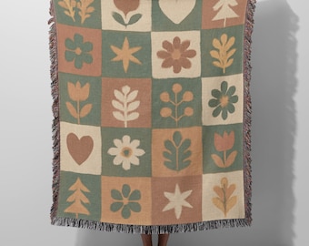 Deken met bloemenpatchwork in Scandinavische stijl - bohobotanisch geweven katoenen plaiddekbed, moderne pastelkleurige sprei beddengoed - Scandinavische hygge-cadeau