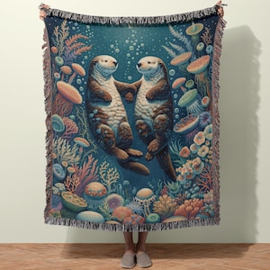 Sea Otter Blanket, Woven Cotton Throw, Otter Tapestry Quilt, Aquatic Animals, Ocean Lovers Gift, Whimsical Blanket for Couple, Gift for Wife