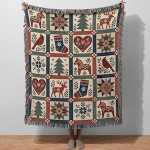 Dala Horse Patchwork Woven Blanket - Scandi Folk Art Faux Quilt Throw, Cozy Christmas Gift