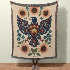 Patriotic Eagle Blanket, Americana Throw, Fourth of July 4th Quilt, USA Coverlet Sunflower Bed Spread Woven Cotton Tapestry Gift for Patriot