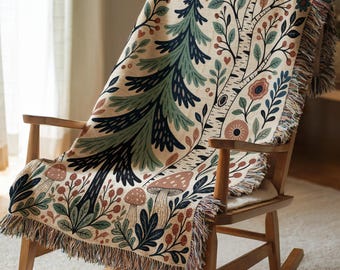 Nordic Folk Art Woven Throw - Woodland Birches & Fir, Forest Mushroom and Berry Motif Cotton Blanket