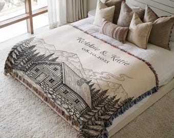 Personalized Cabin Blanket: Mountain Lodge Decor, Woven Cotton Throw