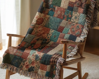 Żywy koc patchworkowy - wielokolorowa narzuta w stylu folk art - przytulny pleciony koc gobelinowy - dekoracja domu w stylu boho do dekoracji lub na prezent