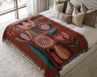 Manta floral escandinava - Tapiz bohemio de arte popular nórdico en tonos terracota y óxido - Regalo de decoración para el hogar para mamá o fiesta de inauguración de la casa