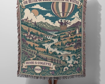 Hot Air Balloon Personalized Anniversary Woven Blanket - Vintage Art Nouveau Tapestry Throw, Wedding Gift for Couple