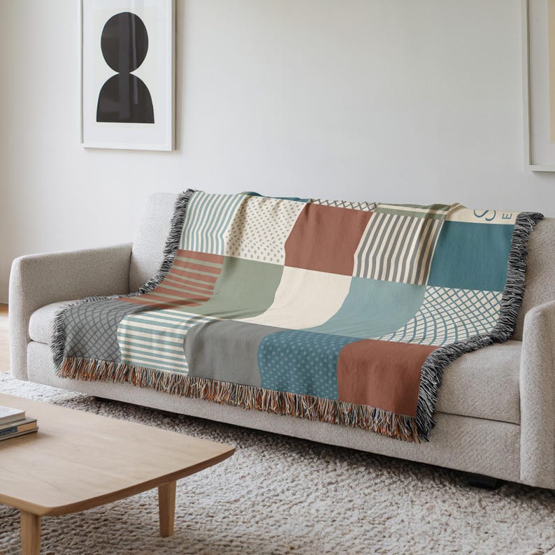 Cozy Patchwork Throw Blanket, Colorful Geometric Design Sofa Cover, Decorative Couch Blanket, Modern Living Room Decor
