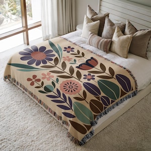 Scandinavian Floral Throw Blanket, Abstract Nordic Folk Art Bedding Quilt, Beige Purple Coral Boho Hygge Decor - Cozy Housewarming Gift