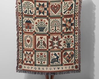 Folk Sampler Patchwork Woven Blanket - Rustic Cottagecore Faux Quilt Throw, Cozy Housewarming Gift