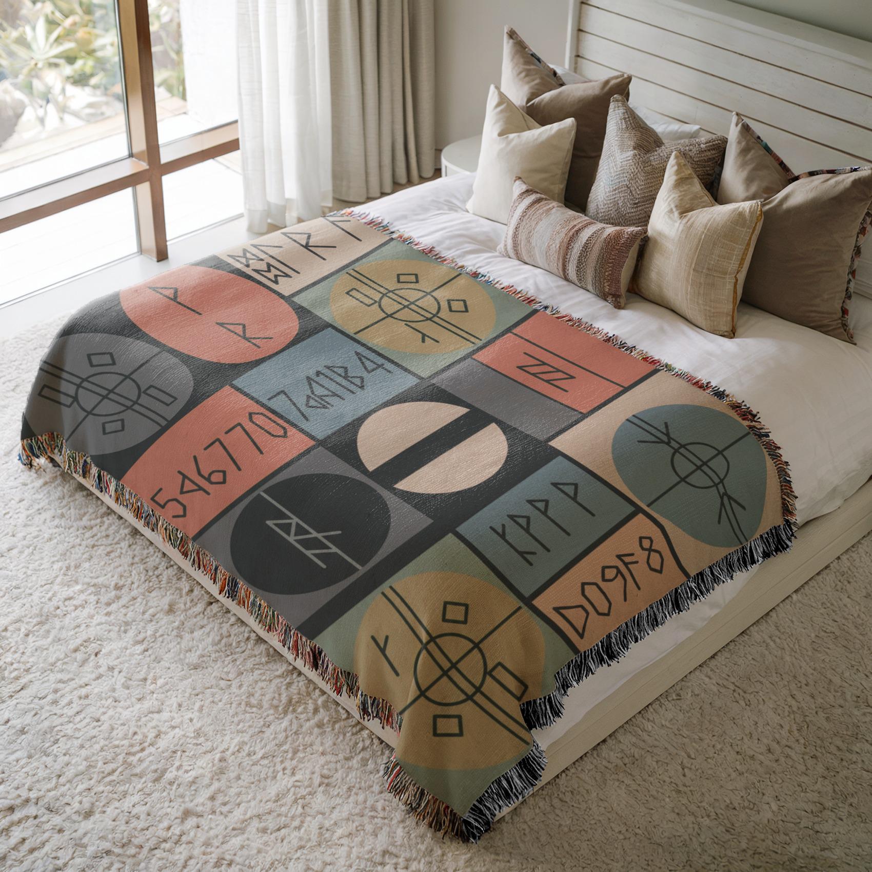 Viking Rune Code Blanket - Mid-century Geometric Woven Cotton