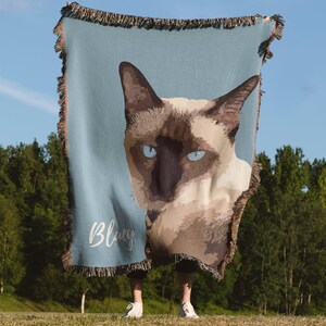 Custom Pet Cat Design Woven Blanket 100% Cotton. Personalized Name included. 10 color options . 3 Sizes up to queen size bed. Suitable as a throw or blanket to complement any homeware or decor.