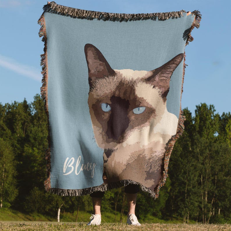 Custom Pet Cat Design Woven Blanket 100% Cotton. Personalized Name included. 10 color options . 3 Sizes up to queen size bed. Suitable as a throw or blanket to complement any homeware or decor.