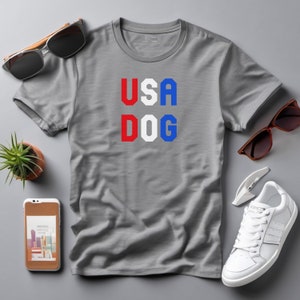 USA DOG T-Shirt for Dog Mama, 4th of July Independence Day Shirt for Dog Lover, Red White and Blue American Flag TShirt for Patriotic Puppy