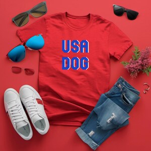 USA DOG T-Shirt for Dog Mama, 4th of July Independence Day Shirt for Dog Lover, Blue and White American Flag TShirt for Patriotic Puppy