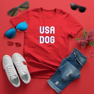 USA DOG T-Shirt for Dog Mama, 4th of July Independence Day Shirt for Dog Lover, White and Blue American Flag TShirt for Patriotic Puppy