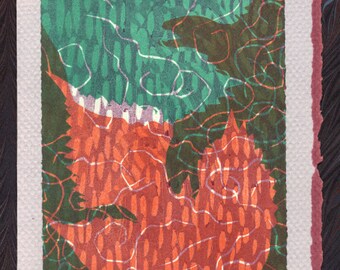 May include: Abstract art print with a green and orange color scheme. The print features a swirling pattern of lines and dots.