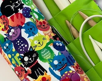 Cat Print Knitting Needle Organizer - Handmade 36-Pocket Storage Case