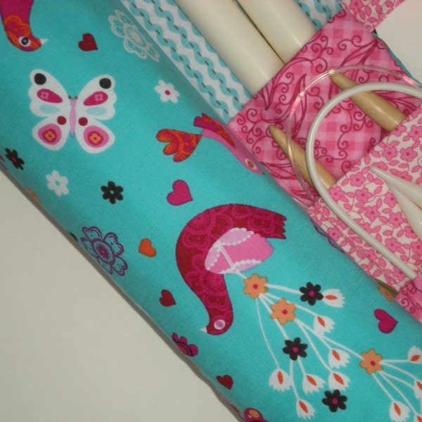 large knitting needle case  -  fancy birds in pinks and turquoise - 36 pockets