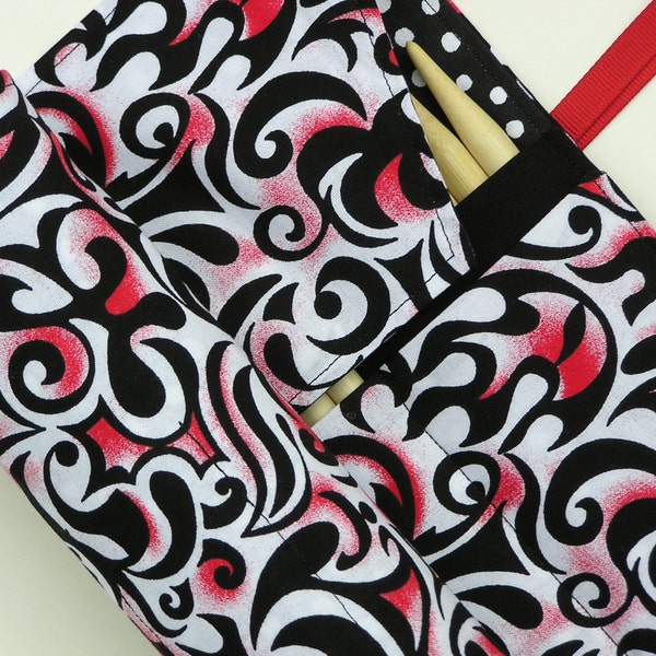 double pointed knitting needle case - organizer  - crochet hook - organizer - 28 pockets - red, white and black