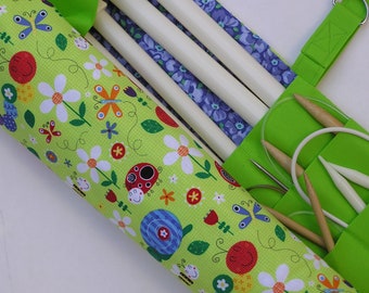 Handmade Knitting Needle Organizer – Floral Ladybug Design, 36 Pockets