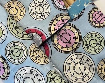 double pointed knitting needle case - organizer  - crochet hook - organizer - 28 pockets - clocks on blue
